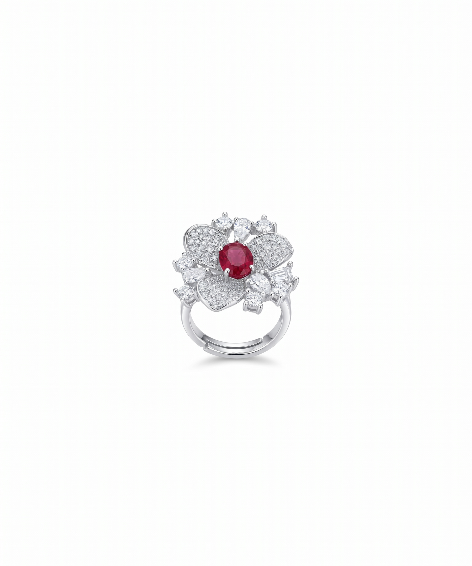 Silver Plated Red Zircon Flower Statement Ring by Natelyrian